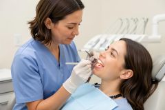 Dental hygienist examines a smiling patient's gums with a mirror and probe during a routine checkup.