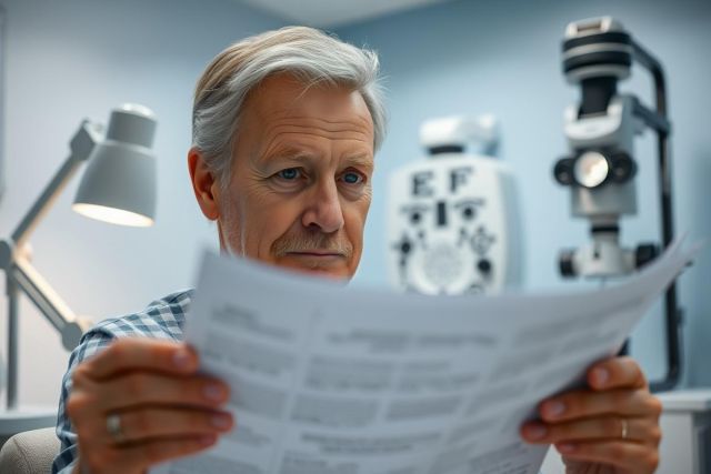 Senior man undergoing eye exam in a clinic. He's reading an eye chart with an optometrist's equipment in the background, including a phoropter and slit lamp. Soft lighting and blue walls create a professional healthcare setting. Focus on vision care and senior health.