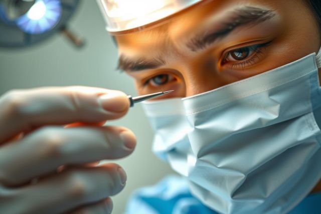 Close-up of a surgeon wearing a mask and gloves, holding a surgical instrument. The image highlights medical procedures and healthcare professionals in a sterile environment.
