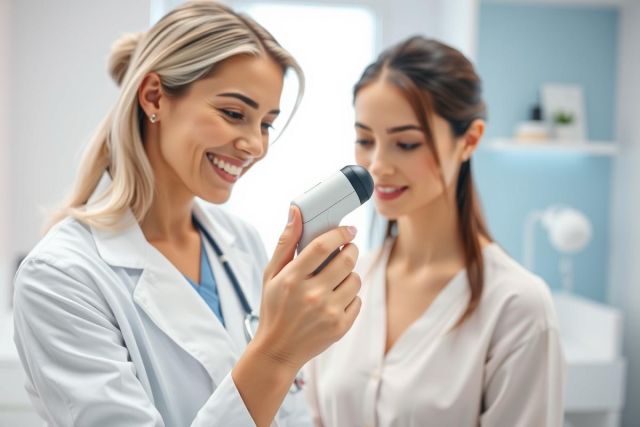Dermatologist examining a patient's skin with a handheld device in a bright, modern clinic. The image showcases a professional skincare consultation with a focus on skin health and beauty. Features a smiling doctor and patient in a clean, blue-toned environment.