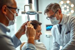 Doctor examining a patient's ear with an otoscope in a medical clinic. Close-up view of a healthcare professional providing an ear examination.
