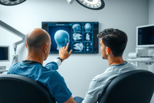 Medical professionals examine a 3D brain scan in a brightly lit examination room. Focus on diagnostic imaging and healthcare technology.