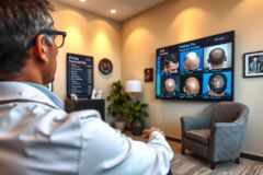 The image depicts a person sitting in front of a television screen that displays multiple images of heads, likely showing different hairstyles or treatments. The individual appears to be a medical professional or technician, given their attire and the context. The setting is an indoor office environment with modern decor.