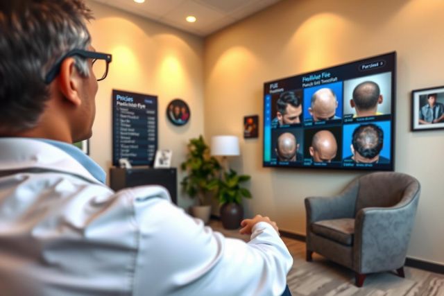 The image depicts a person sitting in front of a television screen that displays multiple images of heads, likely showing different hairstyles or treatments. The individual appears to be a medical professional or technician, given their attire and the context. The setting is an indoor office environment with modern decor.