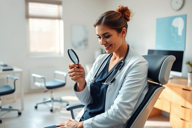 A female doctor in a white coat and stethoscope examines something with a magnifying glass in a bright, modern clinic office. The scene features a clean, white interior with blue accents and a medical poster. Focus is on healthcare, examination, and medical professionals.