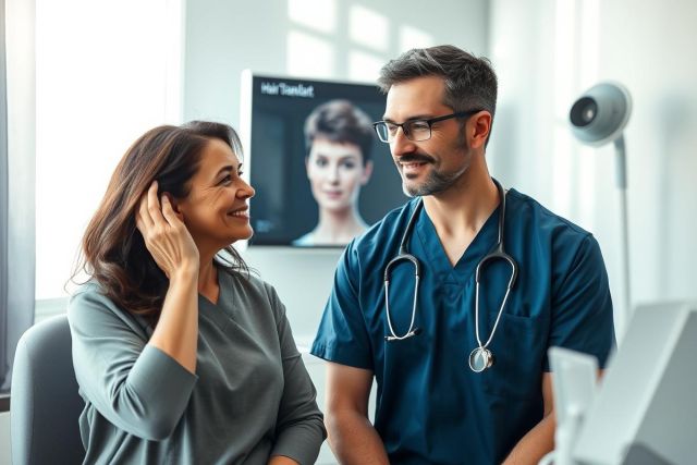 Doctor consulting with a patient in a modern clinic. The scene features a male doctor in scrubs, a smiling female patient, and a screen displaying hair transplant options. Bright, clean environment with natural light.