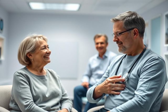 Doctor examining a smiling elderly woman in a modern clinic. A second patient sits in the background. Focus on healthcare, senior care, and a positive doctor-patient relationship. Neutral color palette with a clean, bright environment.