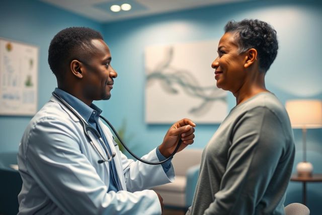 Doctor examining patient in a bright, blue medical office. A healthcare professional uses a stethoscope during a consultation. Image depicts health checkup, medical care, and patient-doctor interaction with a focus on inclusivity.