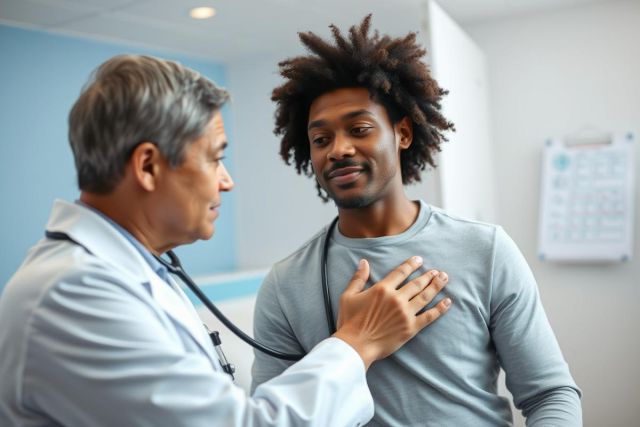Doctor examining a young man's heart in a bright, modern medical clinic. The image depicts a healthcare checkup with a focus on patient care and wellness. Features a diverse doctor and patient, with blue and white tones dominating the scene.