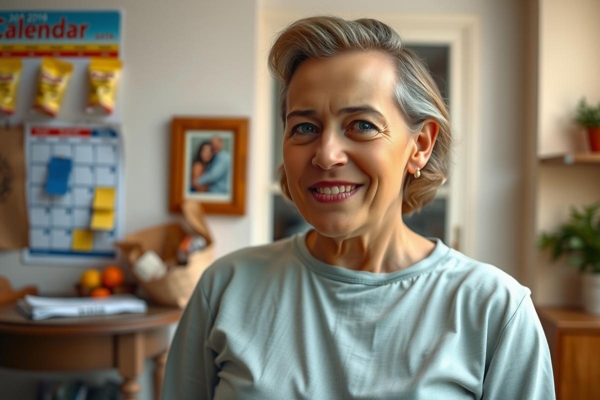 Woman is smiling and appears to be in a home environment with a calendar hanging on the wall, suggesting a casual, comfortable setting. The lighting suggests an indoor space possibly a kitchen or living room.