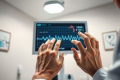 Close-up of hands interacting with a medical monitor displaying a heart rate waveform in a bright, modern clinic setting. Blue and red tones highlight vital signs. Healthcare, cardiology, patient monitoring, and medical technology are key themes.