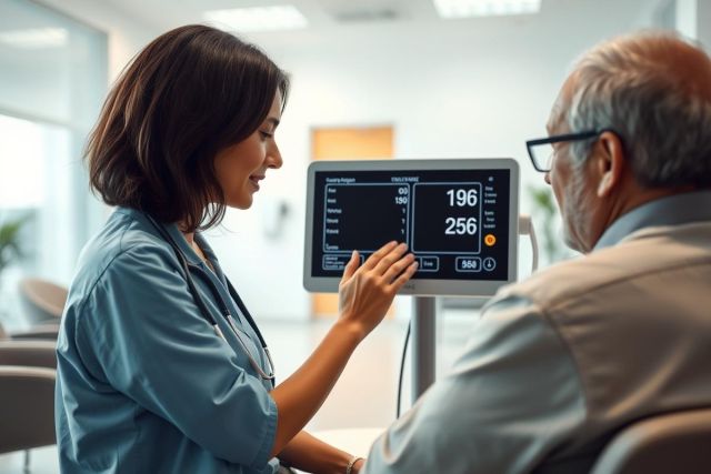 Healthcare setting: A nurse monitors a patient's vital signs on a medical device. The scene features a woman in blue scrubs and an older man, likely in a hospital or clinic. Focus on patient care, medical monitoring, and health professionals. Cool tones and a bright, clean environment.