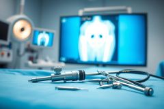 Surgical instruments and medical equipment on a blue operating table with an X-ray image of a spine in the background. Blue and silver tones dominate the scene, suggesting a modern hospital or clinic setting and highlighting minimally invasive surgery concepts.