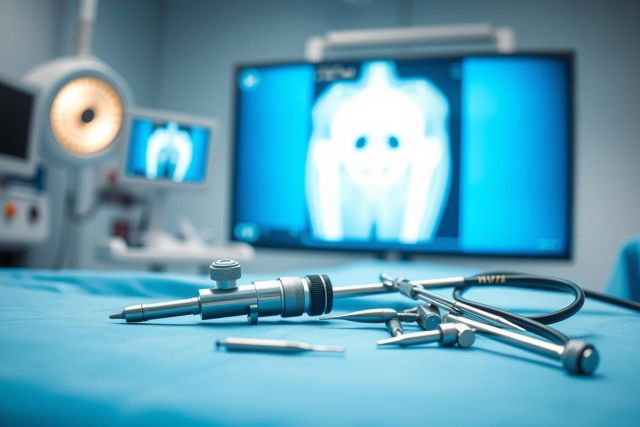 Surgical instruments and medical equipment on a blue operating table with an X-ray image of a spine in the background. Blue and silver tones dominate the scene, suggesting a modern hospital or clinic setting and highlighting minimally invasive surgery concepts.
