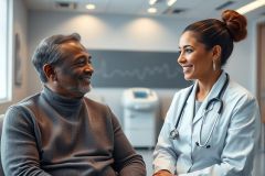 Doctor and patient consultation in a modern medical office. A smiling female doctor wearing a stethoscope speaks with a mature man. Warm lighting and neutral colors create a welcoming healthcare environment. Focus on patient care and medical checkups.