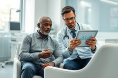 Doctor consults with a patient in a modern healthcare setting. The image depicts a male doctor, wearing a stethoscope, showing a chart on a tablet to an older African American man. Blue and gray tones dominate the scene, conveying professionalism and health. Focus on medical consultation, healthcare technology, and patient care.