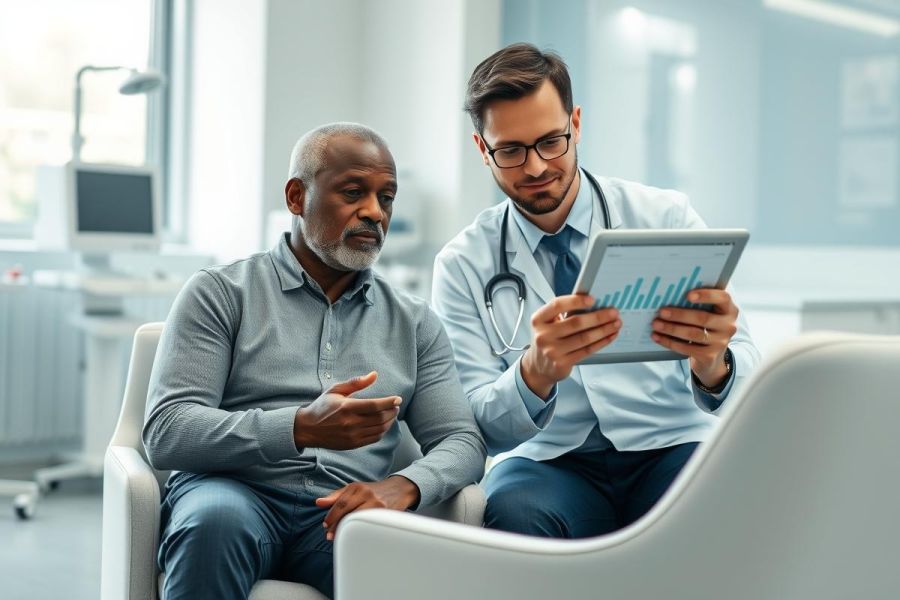 Doctor consults with a patient in a modern healthcare setting. The image depicts a male doctor, wearing a stethoscope, showing a chart on a tablet to an older African American man. Blue and gray tones dominate the scene, conveying professionalism and health. Focus on medical consultation, healthcare technology, and patient care.