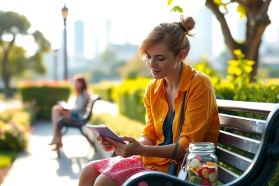 An outdoor setting with a woman seated on a park bench, using a smartphone. She is wearing a yellow top and has a jar of strawberries beside her. There's a clear sky and the environment suggests a relaxed, leisurely atmosphere.
