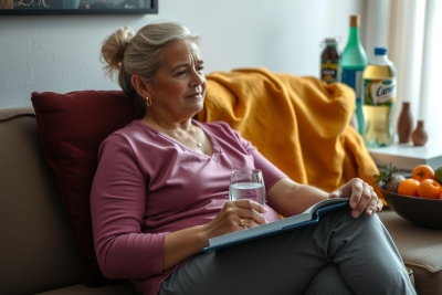 The image shows an elderly woman sitting on a sofa in what appears to be a living room. She wears a pink top and holds a glass of water and a book. Her facial expression appears thoughtful or concerned. Various household items, including bottles, a bowl, a vase, and a plate of fruit, are located nearby.