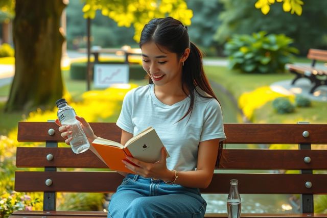 A young woman sitting on a wooden bench, reading a book and holding a bottle of water. She is wearing casual attire suitable for a sunny day in a park or similar outdoor setting.