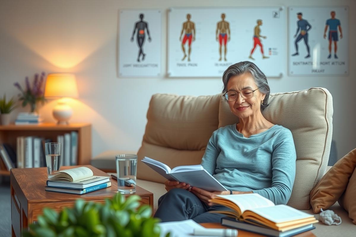 A woman in a comfortable living room setting, seated on an armchair, reading a book. She has glasses and is smiling, appearing relaxed and engaged with the content of her read.