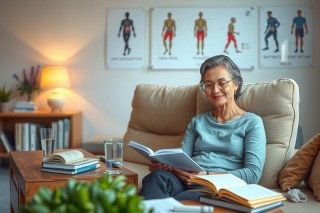 A woman in a comfortable living room setting, seated on an armchair, reading a book. She has glasses and is smiling, appearing relaxed and engaged with the content of her read.
