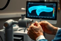 Close-up of a robotic arm holding a surgical instrument, with a medical imaging display showing a 3D anatomical scan. Focus on precision and technology in a sterile environment.