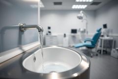 Dental clinic interior with a stainless steel sink and faucet filling with water. Blue dental chair and equipment visible in the blurred background. Clean, modern, and sterile environment. Healthcare, dentistry, hygiene.