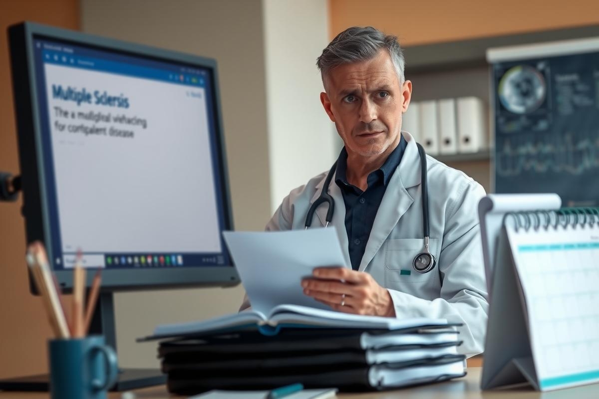 The image shows a doctor in an office setting, attentively looking at medical records or reports on his computer screen. He is wearing a white lab coat with the stethoscope around his neck.
