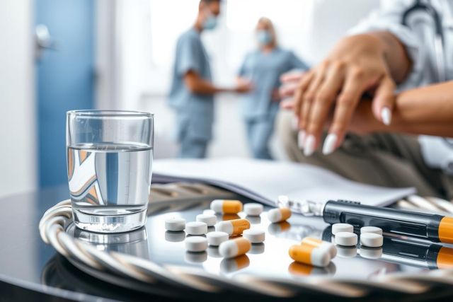 Medical scene with pills, a glass of water, and a syringe on a tray. Healthcare setting with a doctor in the background, indicating medication and patient care. Focus on pharmaceutical supplies.