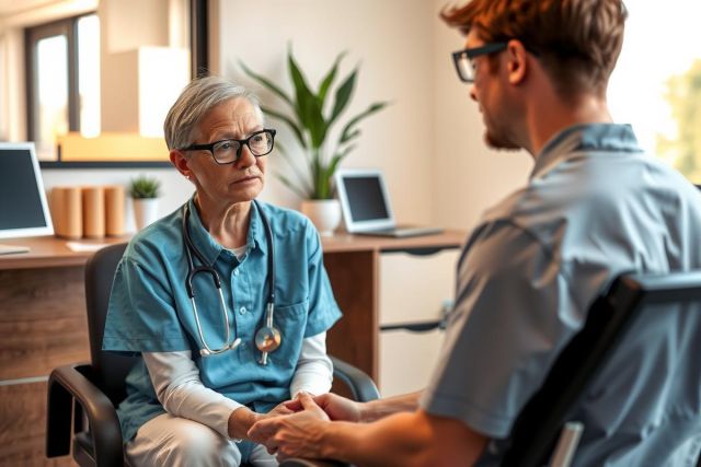 The image depicts a healthcare professional, presumably a nurse or doctor, shaking hands with a patient at an appointment. The setting is likely a medical office environment.