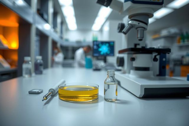 Laboratory setting with scientific equipment. Close-up of petri dish, test tube, and vial. Research, biology, chemistry, science, and experimentation themes are present.