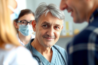 The image shows a medical setting with a man, possibly a doctor or surgeon, dressed in surgical attire and standing amidst a group of individuals. 
