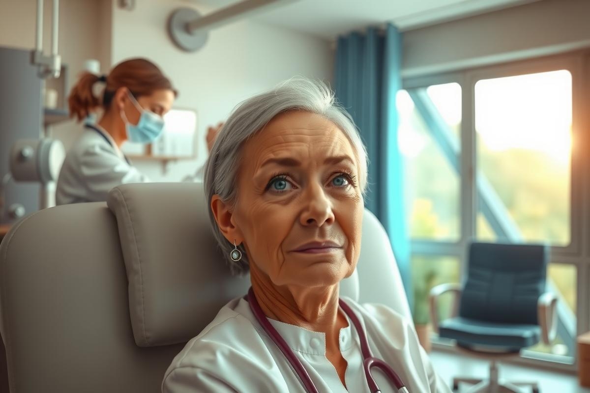 A woman in a medical setting, possibly receiving healthcare from a doctor or nurse. The image depicts a professional and clinical environment with medical staff present. The focus is on the interaction between the patient and the healthcare provider.