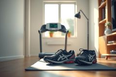 Running shoes on a mat in a home gym setting. Focus is on fitness, exercise, and a healthy lifestyle, with a treadmill visible in the background. Warm lighting and a clean aesthetic.