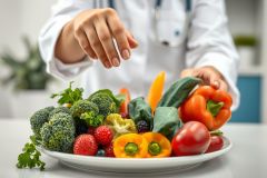 A doctor in a white coat sprinkles seasoning on a plate of fresh, colorful fruits and vegetables including broccoli, peppers, tomatoes, and berries. Focus on healthy eating, nutrition, and medical wellness concepts. Bright, vibrant colors represent a balanced diet.