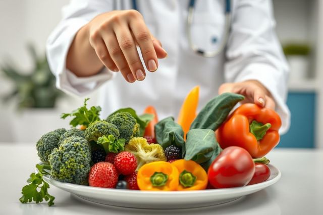 A doctor in a white coat sprinkles seasoning on a plate of fresh, colorful fruits and vegetables including broccoli, peppers, tomatoes, and berries. Focus on healthy eating, nutrition, and medical wellness concepts. Bright, vibrant colors represent a balanced diet.