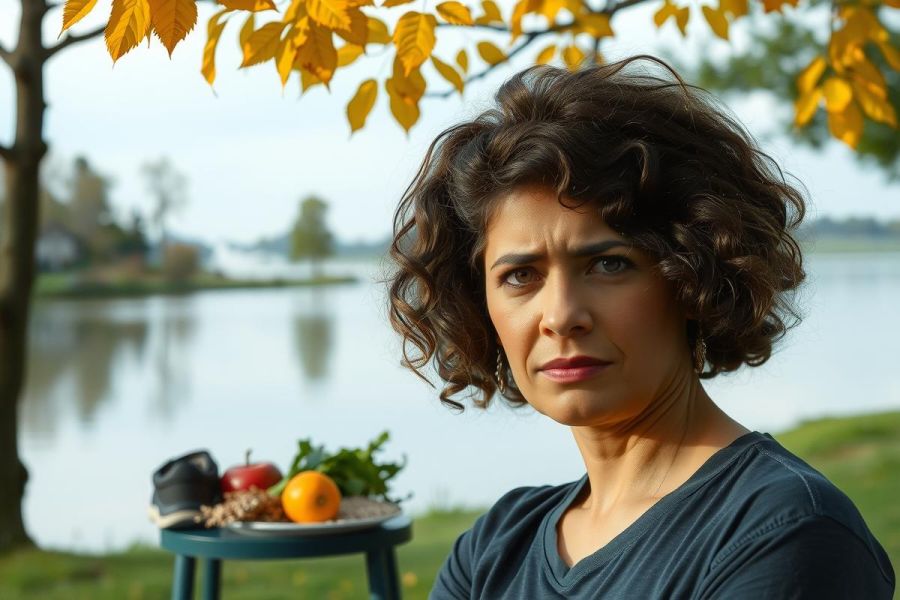 The image features a woman posing outdoors with autumn foliage in the background. She is seated, smiling slightly towards the camera. The setting includes trees and greenery indicative of a natural, serene environment.