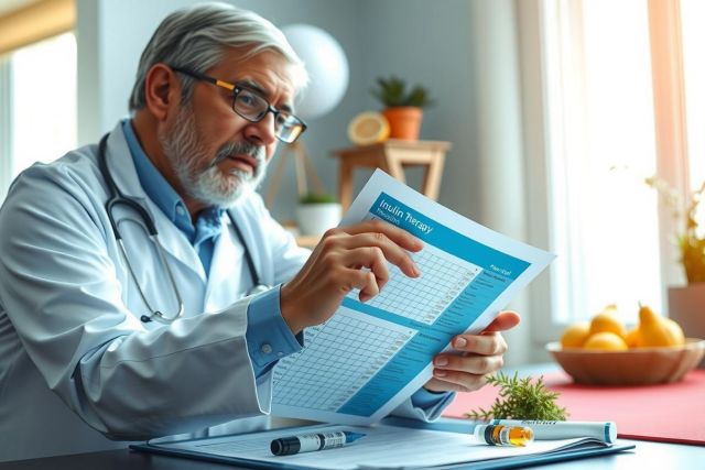 The image shows a professional setting with a man dressed as a doctor, wearing glasses and reading medical records or documents. He is in an office environment, seated at a desk surrounded by various items like books, bowls, and fruit.