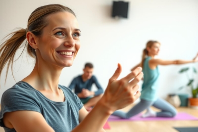 The image is a candid shot of two women in a yoga or exercise class. One woman on the right appears to be demonstrating a pose, while the other woman on the left is smiling and clapping her hands. The setting suggests an indoor environment with bright lighting. Both women are dressed in workout attire suitable for physical activities.