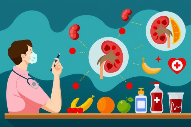 Illustration of a doctor in clinic, focusing on healthy diet and nutrition. The doctor is surrounded by various fruits and vegetables as well as medical equipment, emphasizing the importance of diet for overall health.