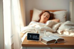 Woman sleeping peacefully in a bed with a book, glass of water, and alarm clock on the nightstand. Soft lighting and a cozy bedroom atmosphere create a tranquil scene.