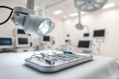 Surgical instruments on a sterile tray in a bright, modern operating room. Medical equipment and monitors are visible in the background. Focus on surgical tools, clean white environment, and professional healthcare setting.