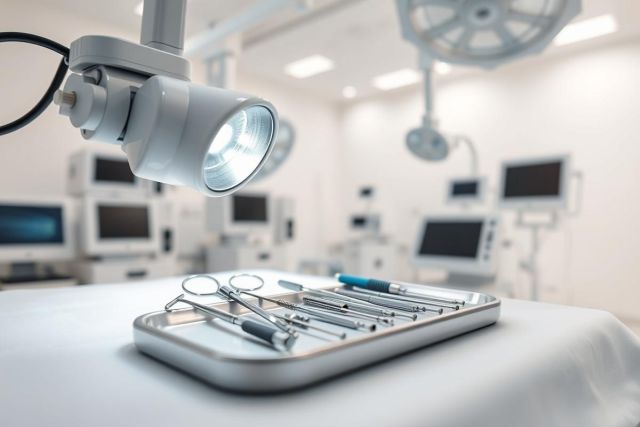 Surgical instruments on a sterile tray in a bright, modern operating room. Medical equipment and monitors are visible in the background. Focus on surgical tools, clean white environment, and professional healthcare setting.