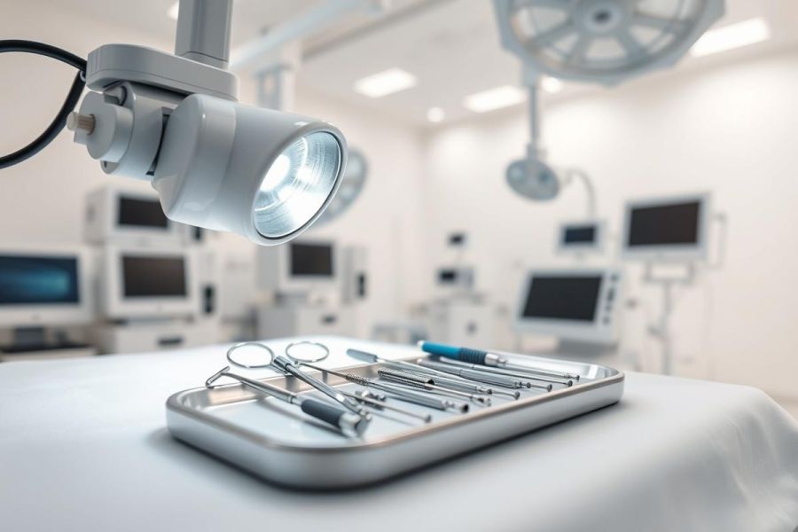 Surgical instruments on a sterile tray in a bright, modern operating room. Medical equipment and monitors are visible in the background. Focus on surgical tools, clean white environment, and professional healthcare setting.