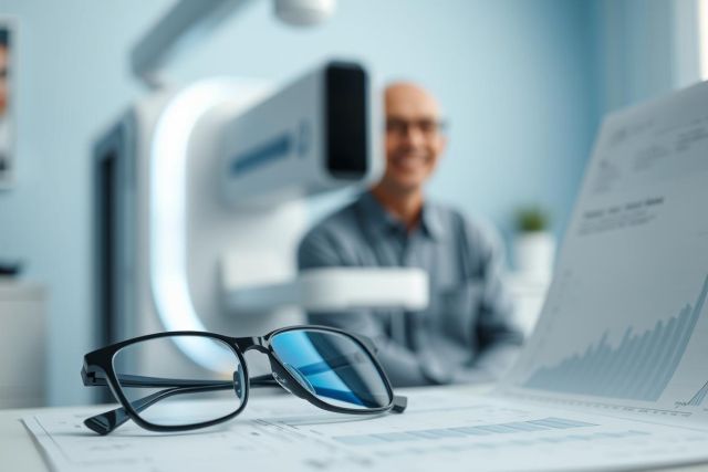 Eye exam scene. Glasses rest on paperwork in a modern optometry office. Blurred background shows a patient and diagnostic equipment. Blue and white tones create a clean, professional atmosphere focused on eye care and vision.