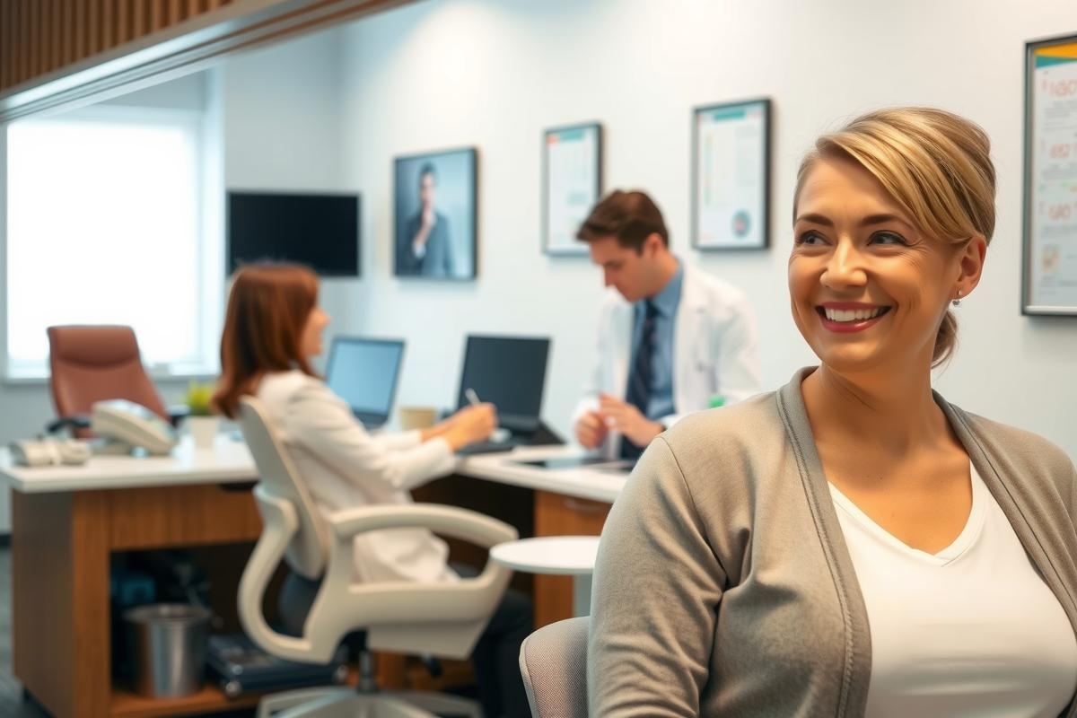 An office scene featuring multiple professionals. A woman in the foreground is smiling and looking at the camera, while other people are working behind her. The environment suggests a professional setting with contemporary furniture and technology.