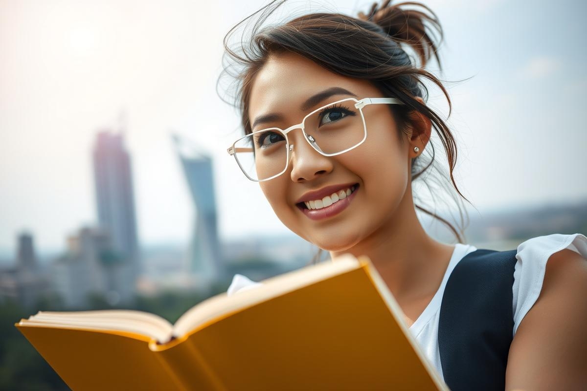 Woman reading a book with glasses, smiling against the backdrop of a city skyline. The book is open and placed on her lap while she sits outdoors in a casual setting.
