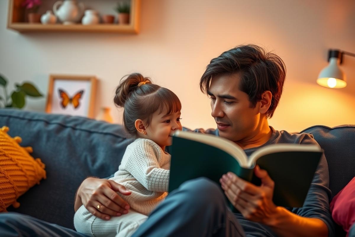 This image features a man and a young child sitting on a couch. The man is holding the child in his lap and appears to be reading a book. They are indoors, with various decorative items such as books and plants around them. The color palette includes warm tones that create a cozy atmosphere.