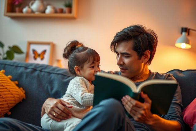 This image features a man and a young child sitting on a couch. The man is holding the child in his lap and appears to be reading a book. They are indoors, with various decorative items such as books and plants around them. The color palette includes warm tones that create a cozy atmosphere.